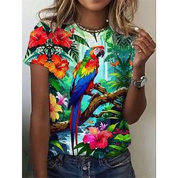 Per donna Maglietta Stampato Grafico Animale Uccello Vintage Elegante Classico Manica Corta Girocollo Top Regolari Quotidiano Weekend Blu Verde Estate Primavera