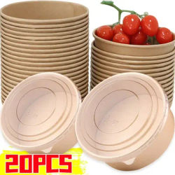 20/10x Disposable Kraft Paper Bowl Kitchen Food Storage Package Lunch Box Take Away Soup Noodles Salad Bowls with Clear Lids