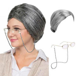 Old Lady Costume Set - Grandmother Synthetic Wigs,Granny Glasses, Glasses Retention Chains Cosplay,Halloween Party Dress Up