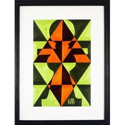 Abstract Akuaba,'Green and Orange Abstract Cotton Thread Art from Ghana'