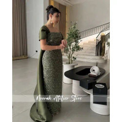 Robe de soirée de luxe vert scintillant à épaules dénudées, style Arabie Saoudite, avec traîne, pour mariage et bal de promo, collection 2026, personnalisable