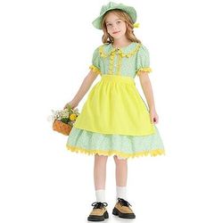 250° anniversario USA 19° secolo anni 1800 Abito da prateria Set cuffia e grembiule Maniche corte Ragazza pioniera Coloniale Pioniere Guerra rivoluzionaria Floreale Costume Ragazze Halloween Carnevale