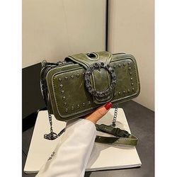 Borsa a tracolla da donna in similpelle di grande capacità con tracolla a catena, design vintage con fibbia borchiata, borsa a tracolla e a tracolla multicolore per spostamenti quotidiani, viaggi, appuntamenti e uscite informali