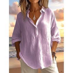 Camicia in lino sintetico da donna colore solido elegante bohemia vintage a maniche lunghe lunghi top quotidiano vacanza uscita bianco rosa viola chiaro estate primavera