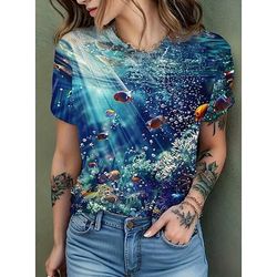Per donna Maglietta Stampato Oceano Vintage Elegante Casual Manica Corta Girocollo Top Regolari Quotidiano Blu Rosa Azzurro Estate Primavera