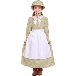 250° anniversario USA Periodo coloniale 19° secolo Abito da prateria Set cuffia e grembiule Lunghe Ragazza pioniera Coloniale Guerra rivoluzionaria Floreale Costume Ragazze Halloween Carnevale