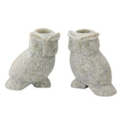 Night Glow,'Hand Carved Soapstone Owl Candle Holders (Pair)'
