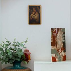 Angel and Child,'Decoupage on Pinewood Antique Wall Plaque of Angel and Child'
