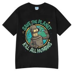 Drôle sauver la planète tuer tous les humains Robot impression graphique T-shirt hommes femmes mode à manches courtes T-shirt surdimensionné coton t-shirts