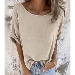 Per donna Maglietta Tinta unica Vintage Elegante Casual Manica Corta Manica a pipistrello Scollo a Barca Top Regolari Quotidiano Uscire Nero Verde Cachi Estate Primavera