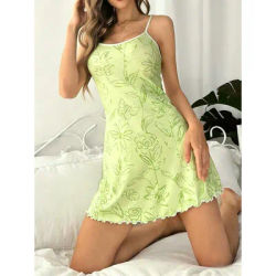 Robe de nuit pour femme à bretelles fines, coupe ajustée, sexy, avec ourlet à volants, vert, Printemps-Été, vêtement de nuit et de détente