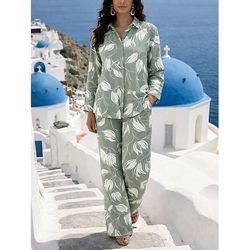 Per donna Set da due pezzi Set di Pantaloni Bolero Top Manica Lunga Colletto a Camicia Floreale Grafico pianta Stampato Quotidiano Elegante Casuale Quotidiano Spiaggia Rosa Marrone Verde Estate