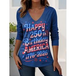 Giorno dell'Indipendenza Americana Per donna Maglietta Stampato Grafico Bandiera Americana Vintage Elegante Casual Manica Lunga Scollo a V Top Regolari Quotidiano Weekend Blu Bianco Blu marino Estate