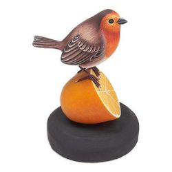Robin With Orange,'Teak & Suar Wood Bird Statuette Carved and Painted by Hand'
