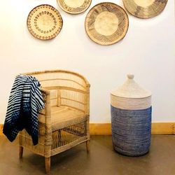 Navy White Hamper,'Handwoven Natural Fiber Navy White Hamper Basket'