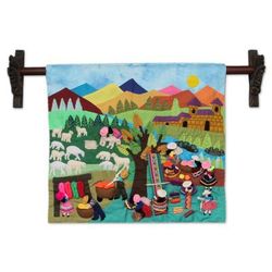 'Working with Wool' - Cultural Cotton Wall Hanging from Peru