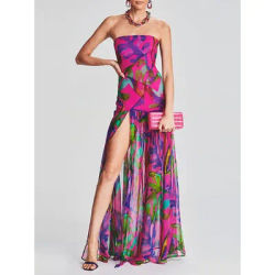 Robe longue bustier moulante pour femme, dos nu, avec empiècements en maille et imprimé tropical, fente haute, pour soirée et club