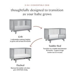 Babyletto Hudson 3-in-1 Convertible Crib with Toddler Bed Conversion Kit - Grey
