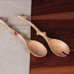 'Sylvan-Themed 2-Piece Mango Wood Salad Spoon Set from India'