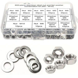 600-piece set - 300 stainless steel nuts and 300 flat washers combination kit (M2 - M10) for mechanical and home maintenance.