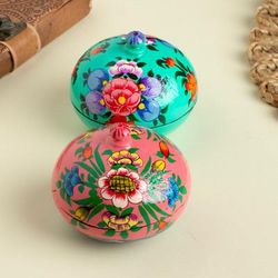 Vibrant Blossoms,'Floral and Leaf Wood Papier Mache Decorative Boxes (Pair)'