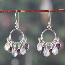 '3-Carat Rainbow Moonstone and Amethyst Chandelier Earrings'