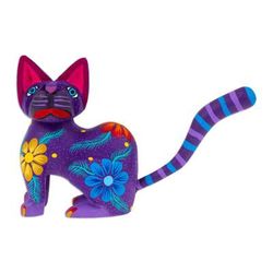 Springtime Cat,'Hand Crafted Purple Wood Kittycat Folk Art Sculpture'