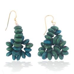 'Hand-Painted Green Wood Beaded Twisted Earrings from Ghana'