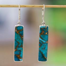 Vibrant Bar,'Reconstituted Turquoise Taxco Silver Bar Dangle Earrings'