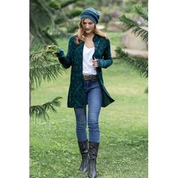 Nordic Chic in Forest,'100% Baby Alpaca Green Long Cardigan with Mandarin Collar'