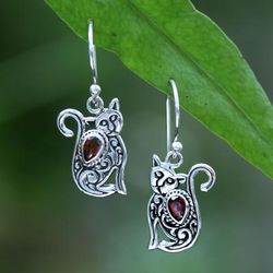'Cat-Themed Whimsical Textured Garnet Silver Dangle Earrings'