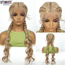 Synthetic Cornrow Braided Wigs with Curly Wave for Women Lace Frontal Afro Hair Braids Wig with Baby Hair for Girls 30 Inches
