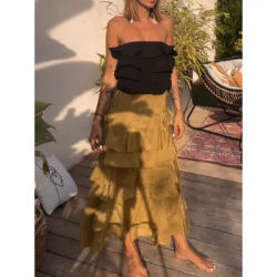 Jupe mi-longue à plusieurs niveaux pour femmes, vert armée, Vintage, décontractée, élégante, longue, Chic, Streetwear, mode, taille élastique