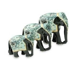 Lacquered wood sculptures, 'Blue Elephant Trio' (set of 3)