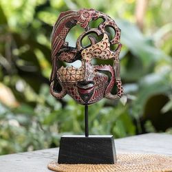 Queen of Forest,'Traditional Batik Red and Brown Pule Wood Mask with Stand'