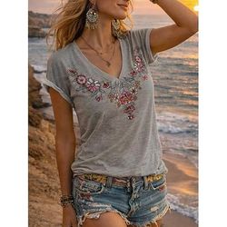 Per donna Maglietta Stampato Floreale Bohemien Vintage Casual Manica Corta Scollo a V Top Regolari Quotidiano Giallo Viola Arancione Verde Grigio Estate Primavera