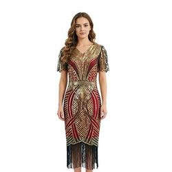 Anni Ruggenti Anni 1920 Retrò Vintage Lunghezza al ginocchio Abito Flapper Maniche corte Il grande Gatsby Charleston Paillettes Frangia con nappe Scollo a V Costume Per donna Halloween Carnevale