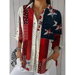 Giorno dell'Indipendenza Americana Per donna Camicia Arricciato Patchwork Bottoni Grafico Bandiera Vintage Elegante Manica Lunga Manica a Volant Manica a Campana Colletto a Camicia Top Regolari
