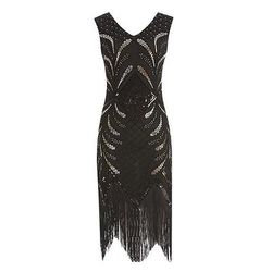 Vintage Anni Ruggenti Anni 1920 Lunghezza al ginocchio Vestito Abito Flapper Senza maniche Il grande Gatsby Charleston Paillettes Frangia con nappe Costume Per donna Halloween Carnevale speakeasy