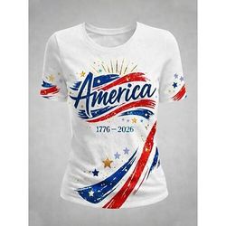 Giorno dell'Indipendenza Americana Per donna Maglietta Blocco di colore Stampato Grafico Bandiera Americana Vintage Elegante Classico Manica Corta Girocollo Top Regolari Quotidiano Weekend Bianco