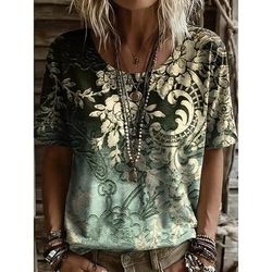 Per donna Maglietta Stampato Floreale Grafico Piante Vintage Elegante Casual Manica Corta Scollo a V Top Regolari Casuale Quotidiano Weekend Rosso ruggine Verde scuro Blu turchese Verde Grigio Estate