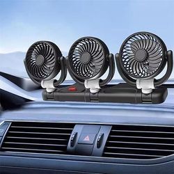 Ventilatore per auto a tre teste, ventilatore di raffreddamento per veicoli a 3 teste alimentato tramite USB da 12 V/24 V per cruscotto, potente e silenzioso circolatore d'aria per auto girevole a