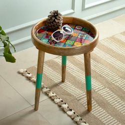 Universal Tiles,'Wood Accent Side Table with Resin Coat and Mosaic Motifs'