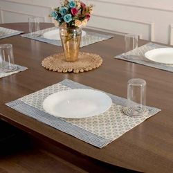 Azure Rhythm,'6 Geometric Striped Hand-Block Printed Cotton Placemats'