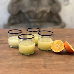 'Handblown Eco-Friendly 4-Piece Blue-Rim Lowball Glass Set'