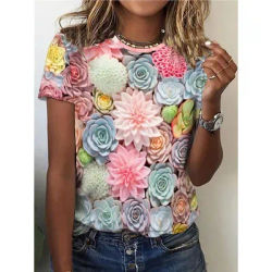 T-shirt manches courtes col rond femme, ample, imprimé en 3D, fleur de pêche, plantes succulentes, graphique, été, rue