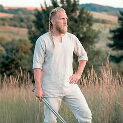 Set Retrò Vintage Medievale Rinascimento Pantaloni Camicia con accessori Lunghe Vichingo Ranger Allacciato Tinta unica Scollo a V Costume Per uomo Vichingo Mascherata Fiera Rinascimentale LARP Adulti