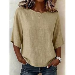Per donna Camicie effetto lino Tunica Tinta unica Semplice Vintage Elegante Top Regolari Casuale Quotidiano All'aperto Nero Bianco Cachi Verde Azzurro Estate Primavera