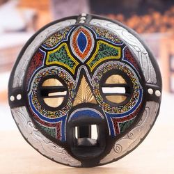 Pendo Shanga,'Recycled Glass Beaded Wood Aluminum Round African Wall Mask'