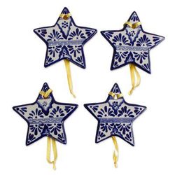 Artisanal Stars,'Blue Ceramic Star Ornaments from Mexico (Set of 4)'